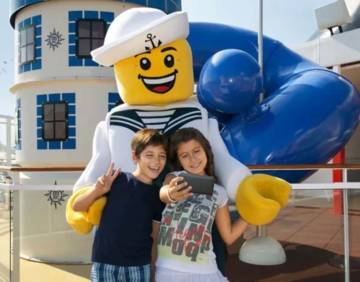 Kids with Lego mascot on MSC